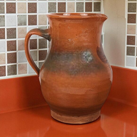 Vintage Handmade Brown Pottery Pitcher: Rustic Country Farmhouse Stoneware - Picture 1 of 7